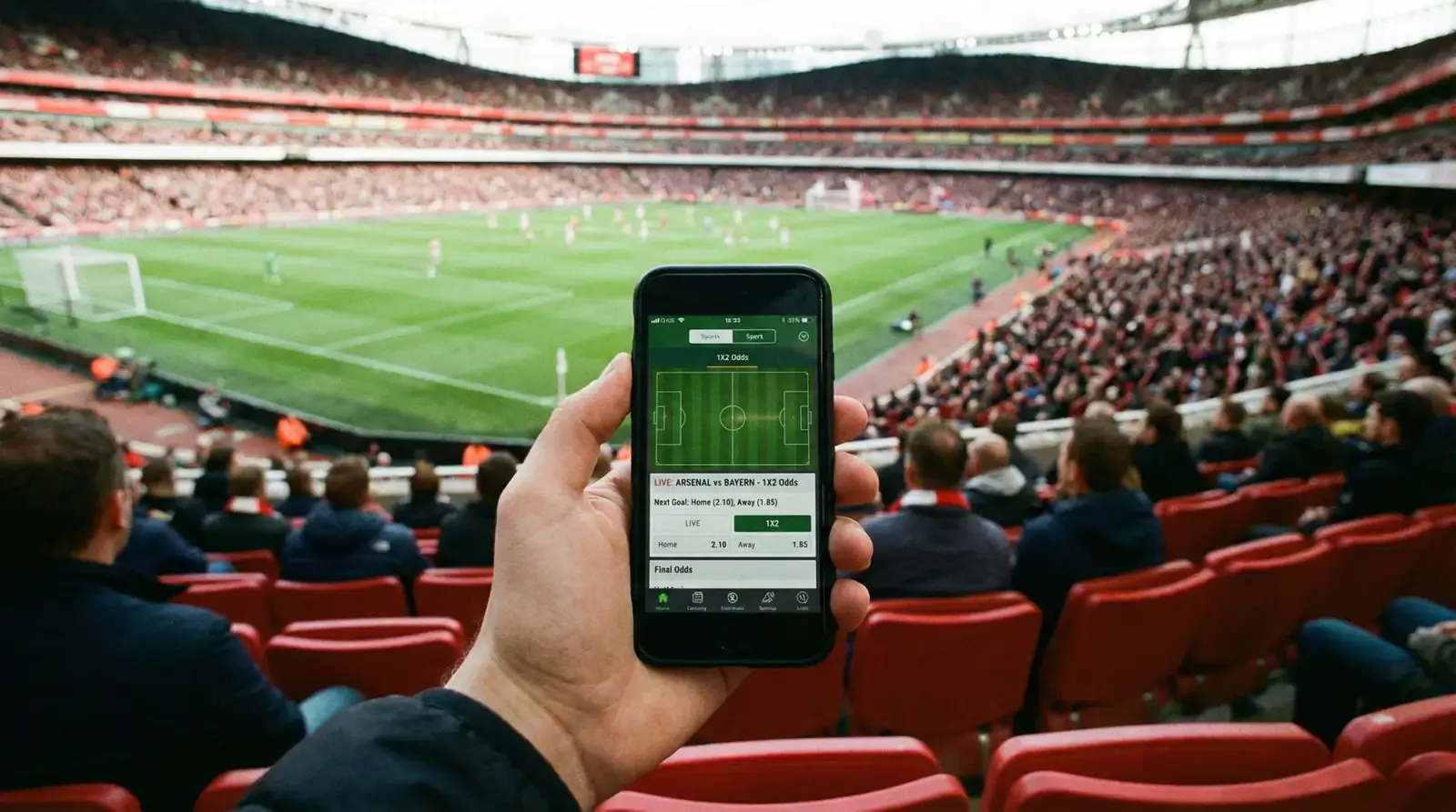 Hånd der holder smartphone med betting app åben