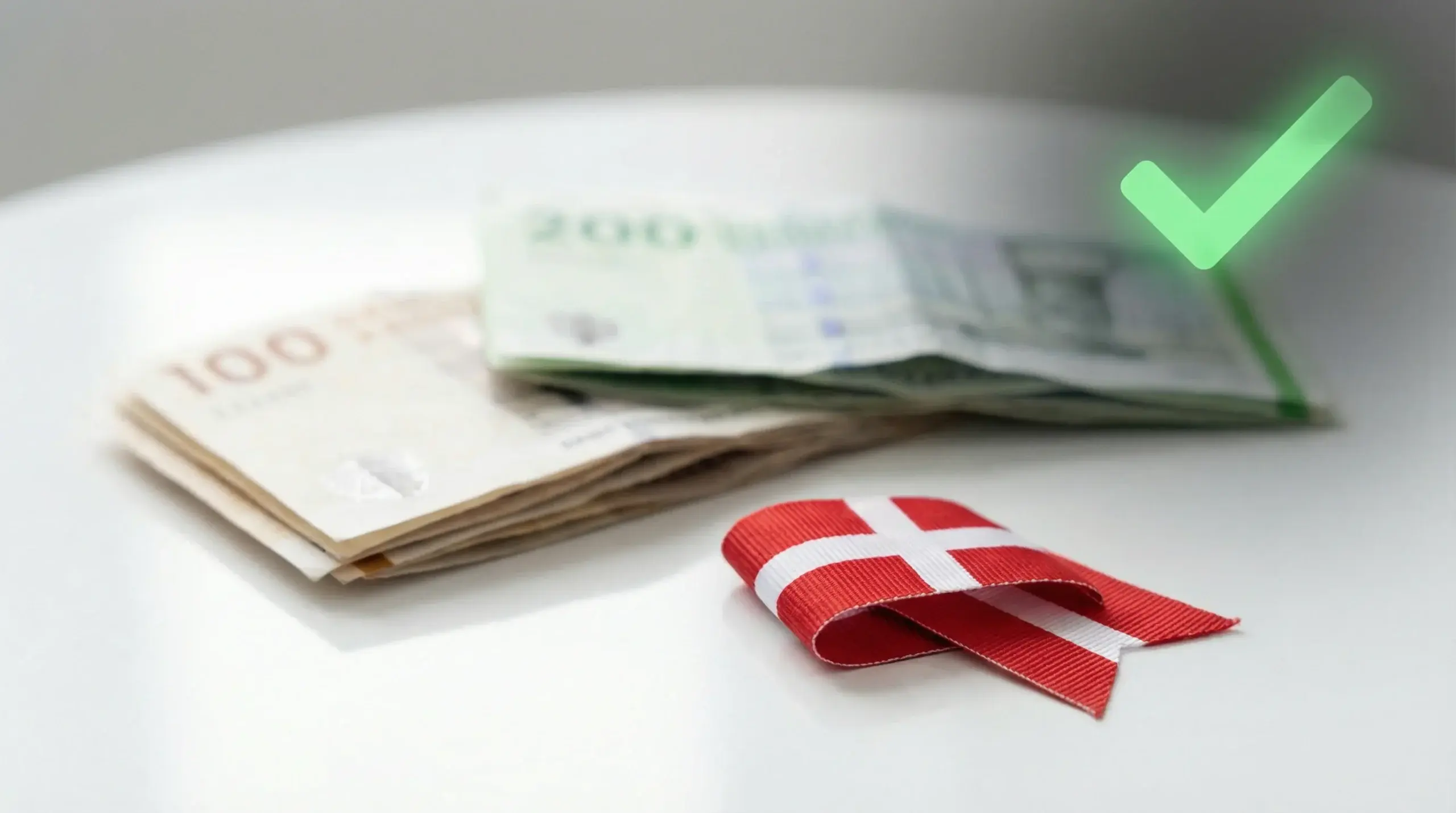 Dansk flag med grønt flueben som symbol på skattefri gevinster