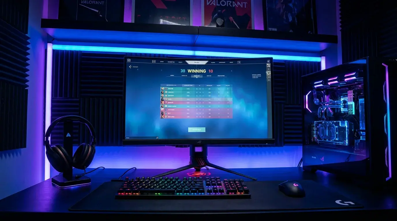 Professionel gaming setup med RGB belysning og gaming skærm