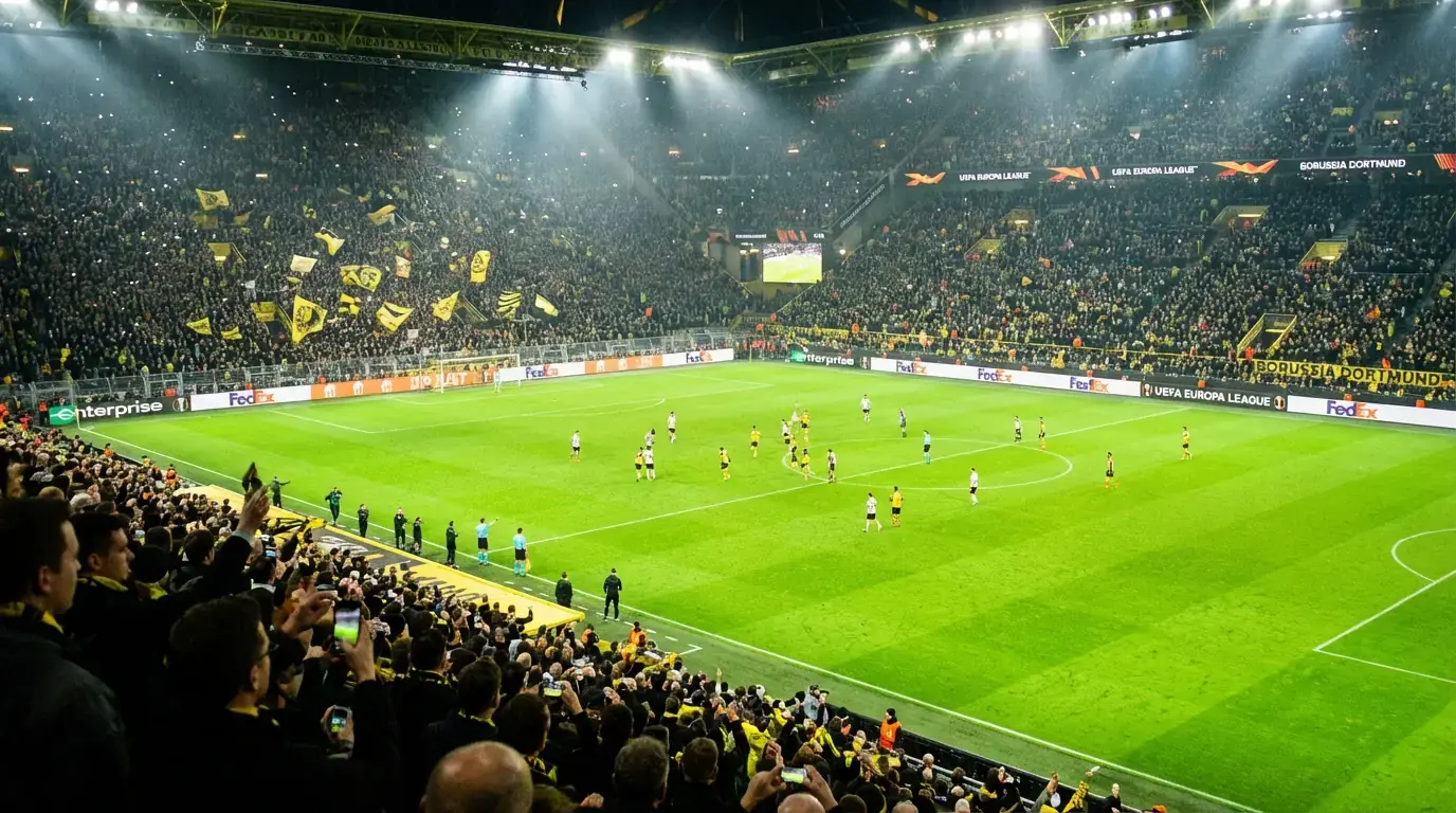 Fodboldstadion med grønt græs set fra tribunen under aftenkamp