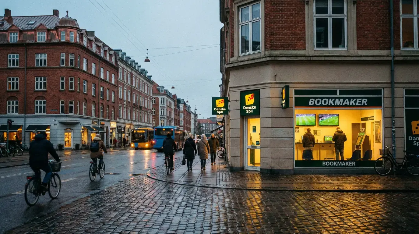 Dansk gade med butiksfacade der indikerer fysisk betting lokation