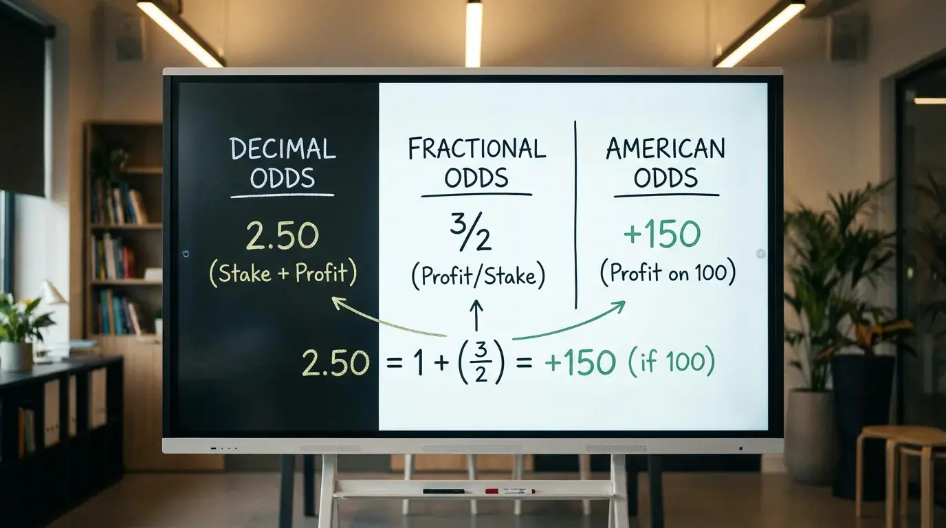 Tavle med forskellige odds-formater illustreret