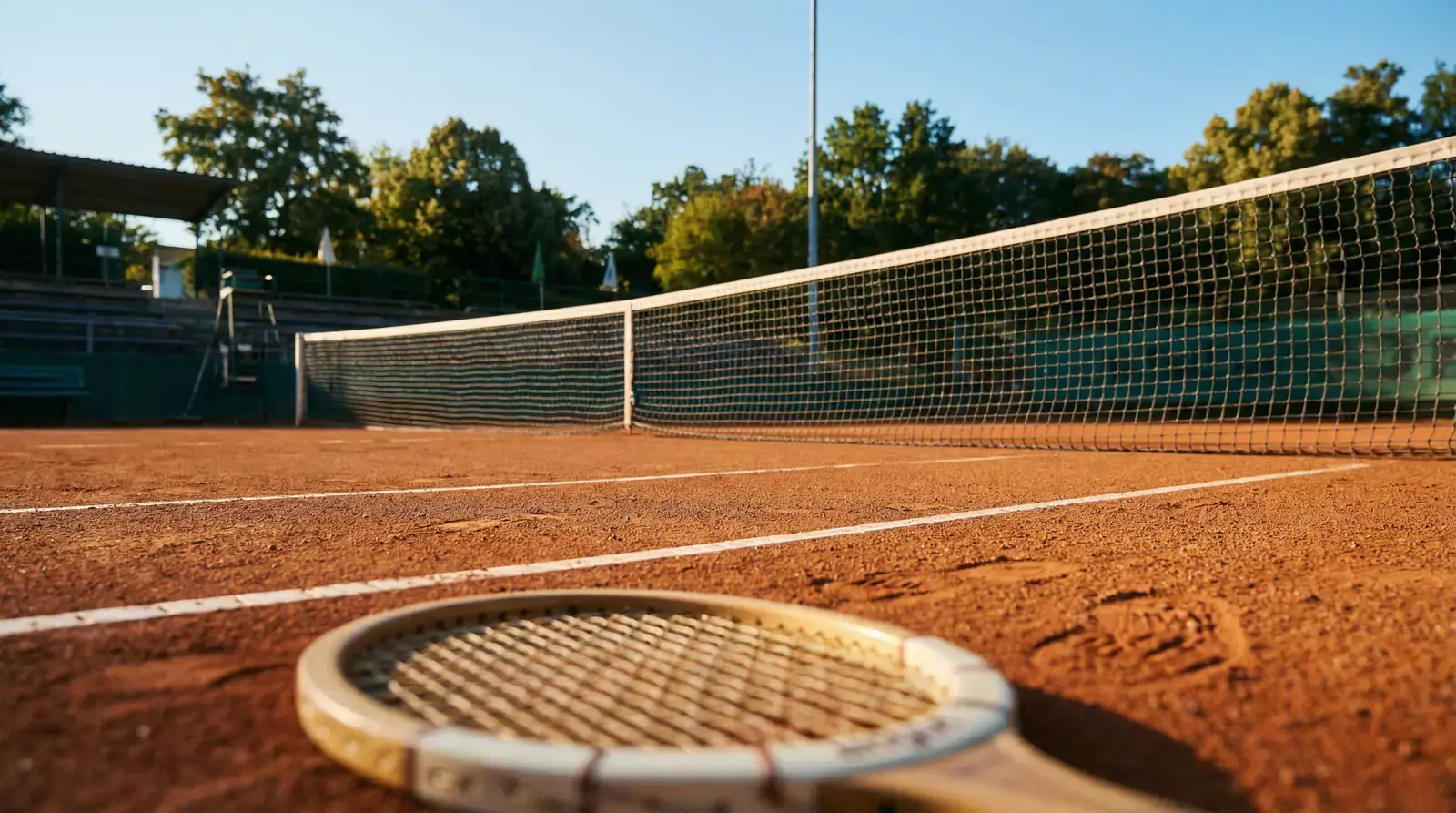 Tennisbane med net set fra spillerens perspektiv